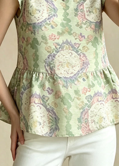 Vintage Green Ruffled Jacquard Silk Blouses Sleeveless