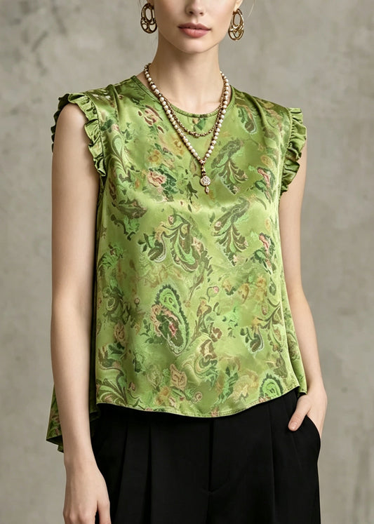 Vintage Green Ruffled Print Silk Top Sleeveless
