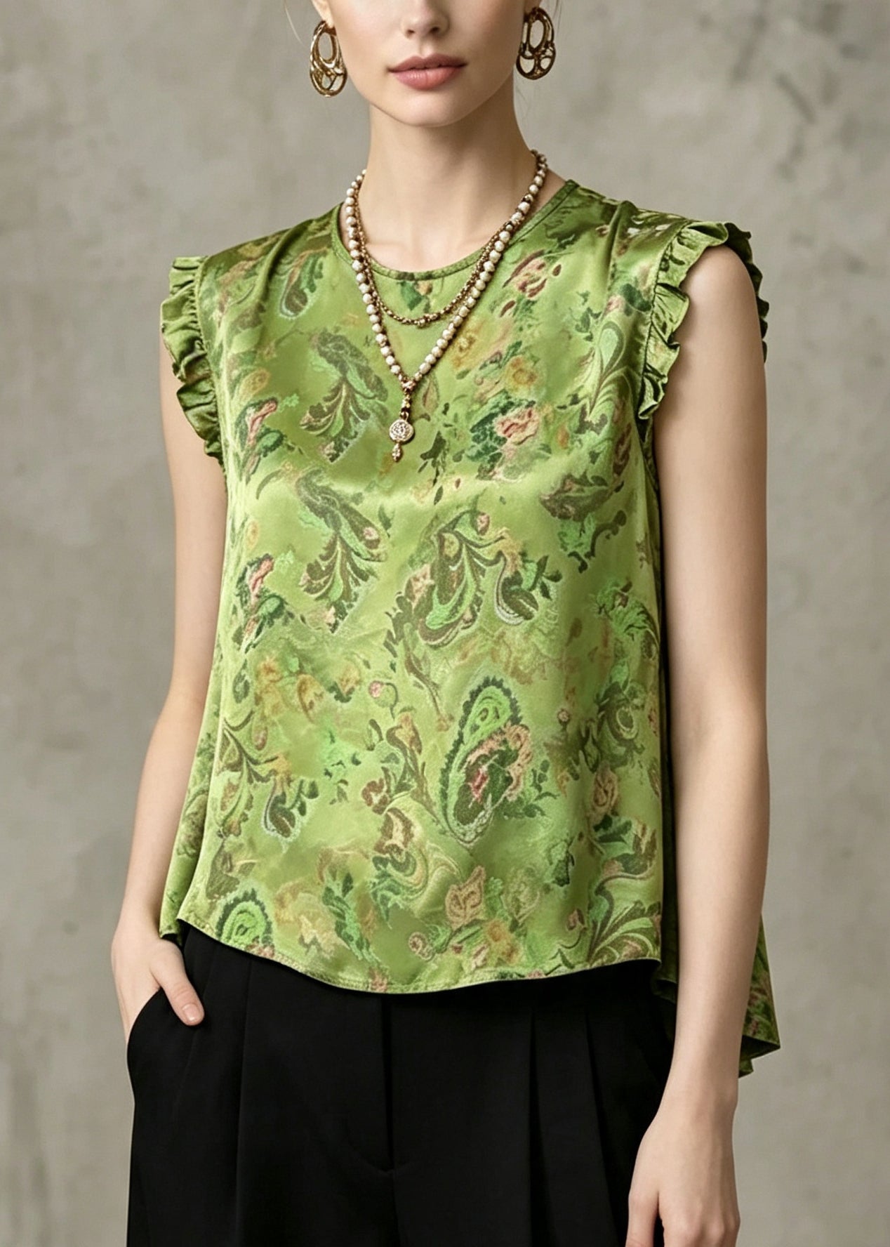Vintage Green Ruffled Print Silk Top Sleeveless