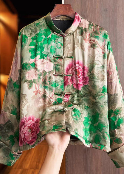 Vintage Green Stand Collar Chinese Button Print Cotton Filled Coats Spring