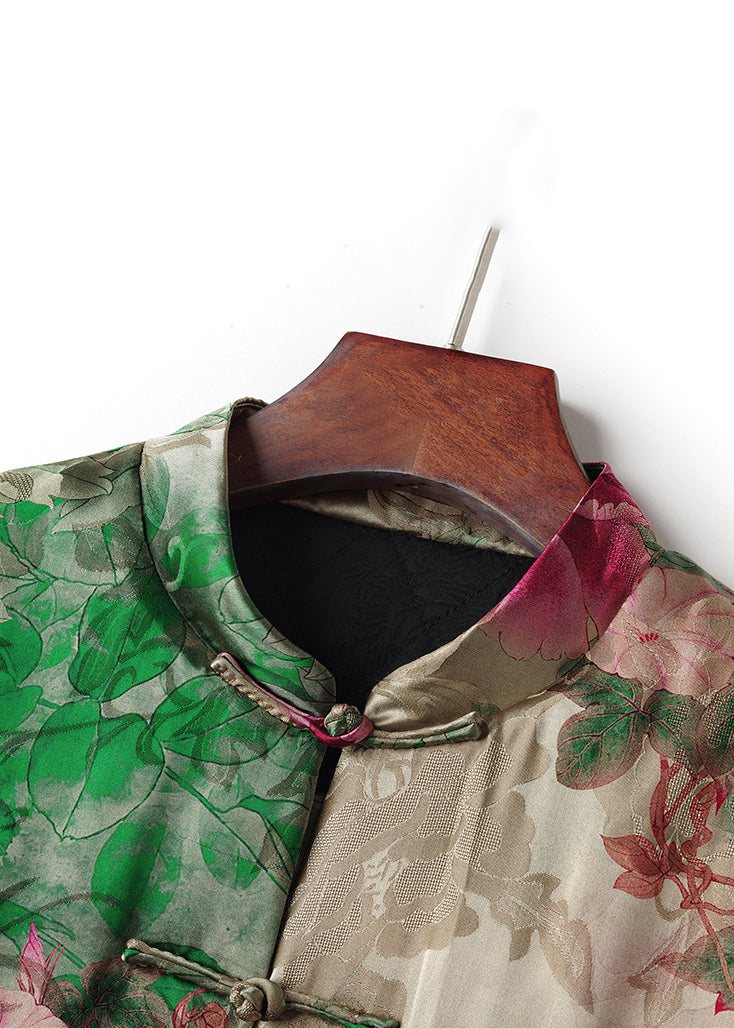 Vintage Green Stand Collar Chinese Button Print Cotton Filled Coats Spring