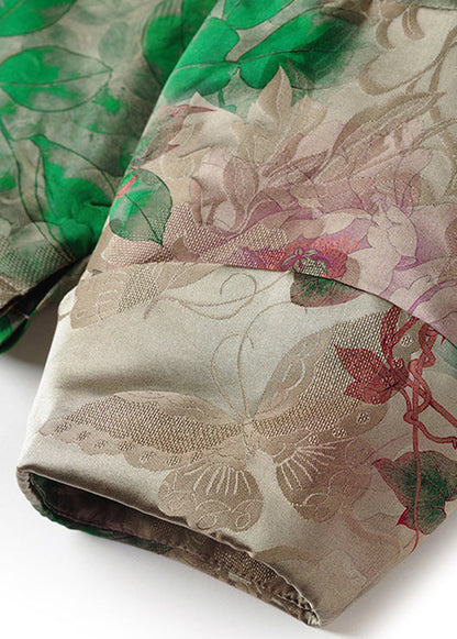 Vintage Green Stand Collar Chinese Button Print Cotton Filled Coats Spring