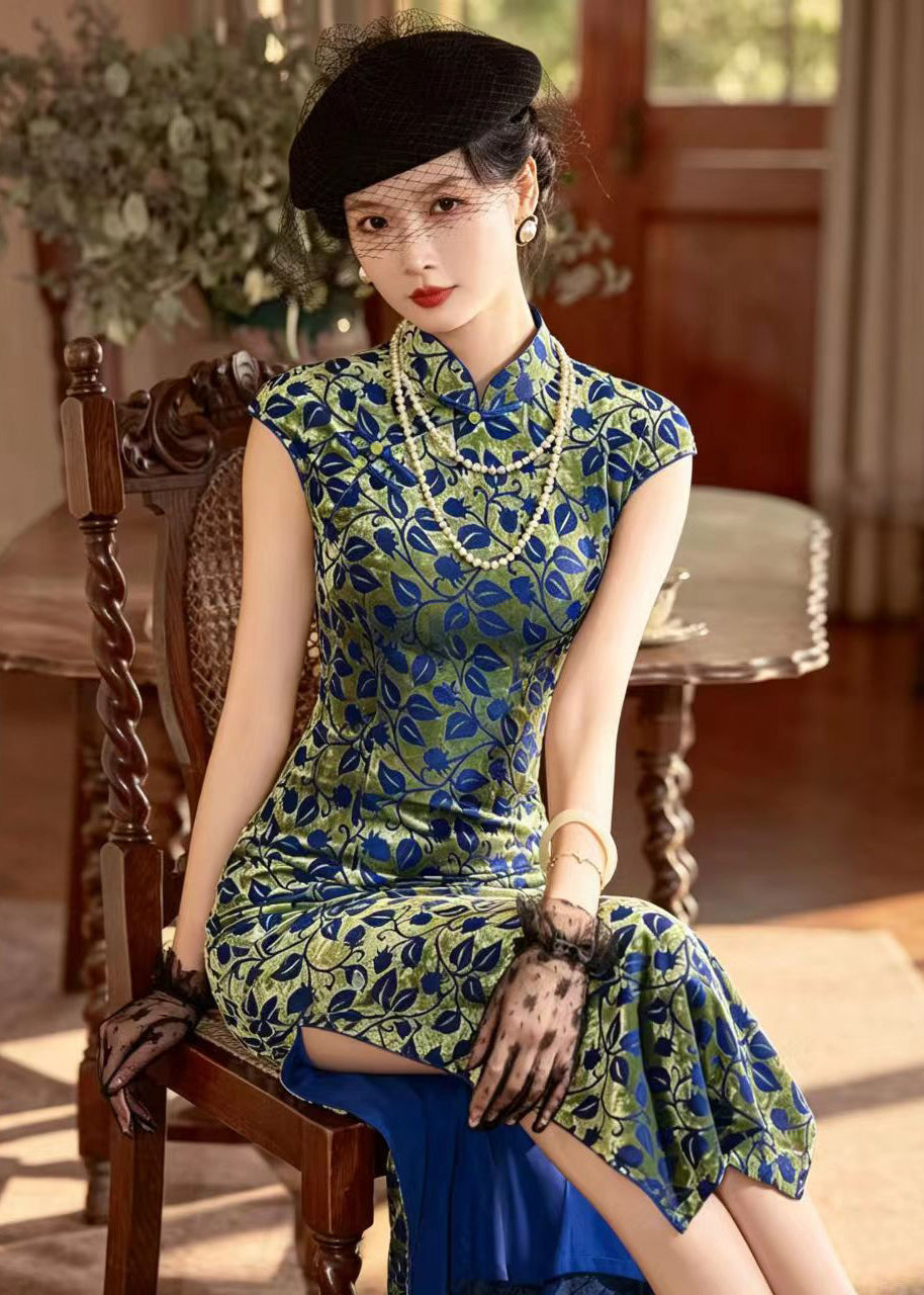 Vintage Green Stand Collar Chinese Buttons Dresses Fall