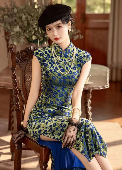 Vintage Green Stand Collar Chinese Buttons Dresses Fall
