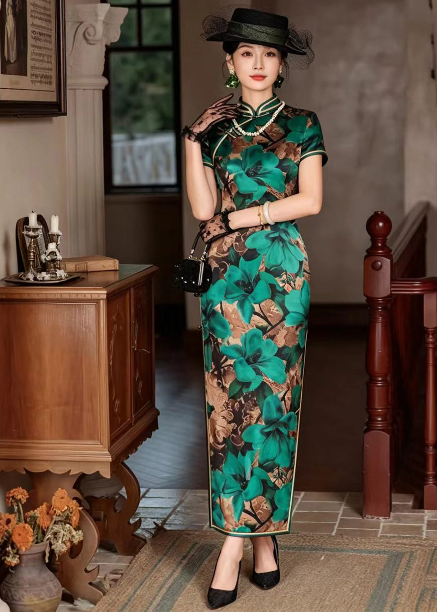 Vintage Green Stand Collar Chinese Buttons Print Long Dresses Short Sleeve