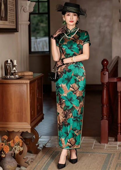 Vintage Green Stand Collar Chinese Buttons Print Long Dresses Short Sleeve