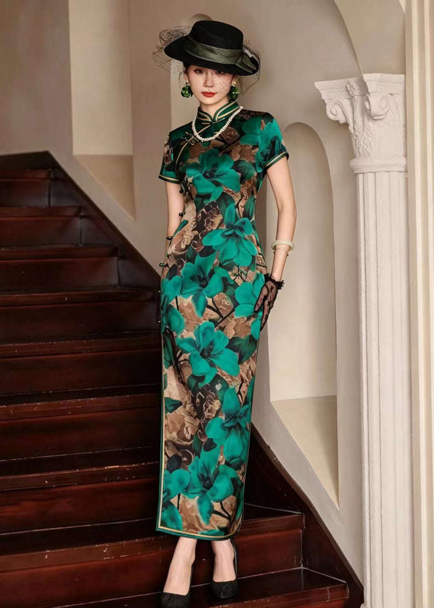 Vintage Green Stand Collar Chinese Buttons Print Long Dresses Short Sleeve