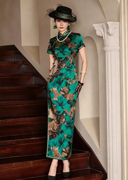 Vintage Green Stand Collar Chinese Buttons Print Long Dresses Short Sleeve