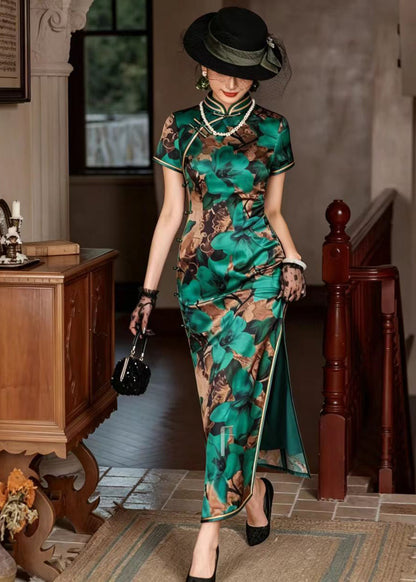 Vintage Green Stand Collar Chinese Buttons Print Long Dresses Short Sleeve
