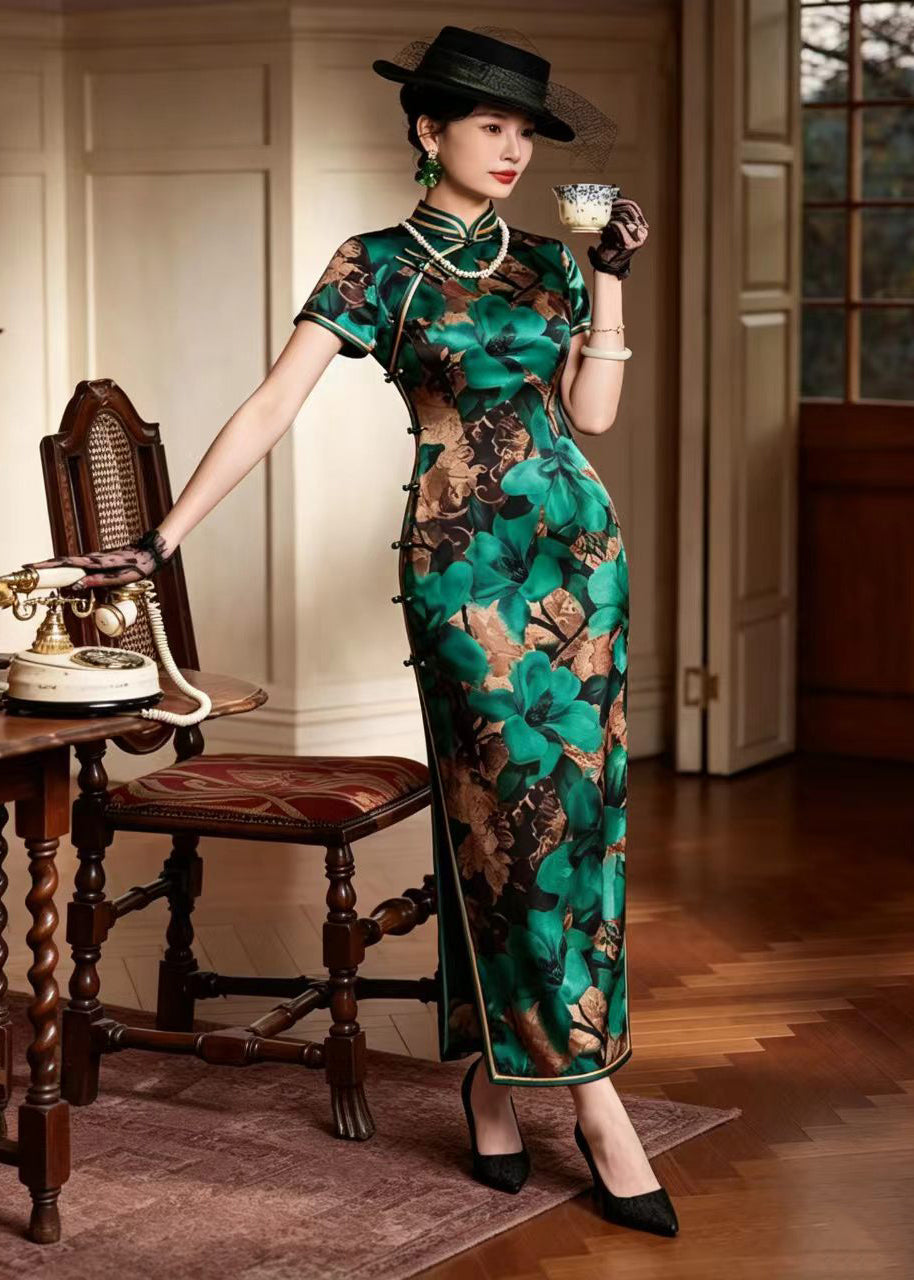 Vintage Green Stand Collar Chinese Buttons Print Long Dresses Short Sleeve