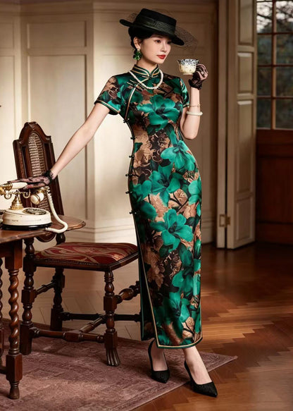 Vintage Green Stand Collar Chinese Buttons Print Long Dresses Short Sleeve