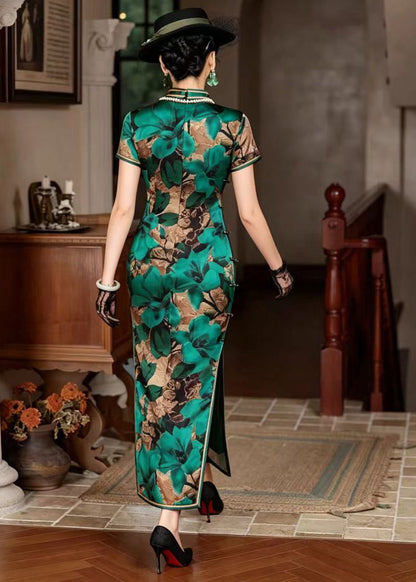 Vintage Green Stand Collar Chinese Buttons Print Long Dresses Short Sleeve