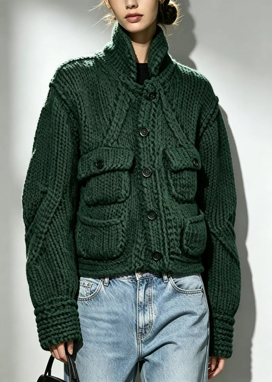 Vintage Green Stand Collar Pockets Knit Cardigans Fall