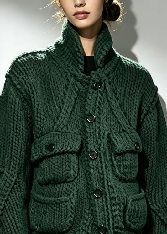 Vintage Green Stand Collar Pockets Knit Cardigans Fall