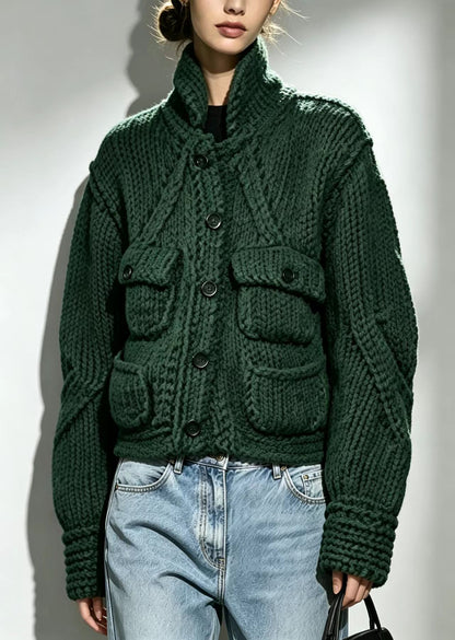 Vintage Green Stand Collar Pockets Knit Cardigans Fall
