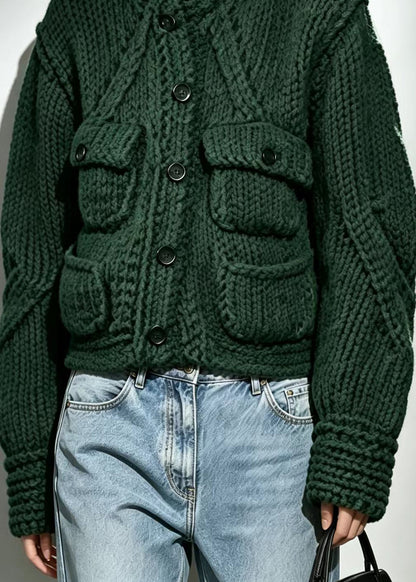Vintage Green Stand Collar Pockets Knit Cardigans Fall