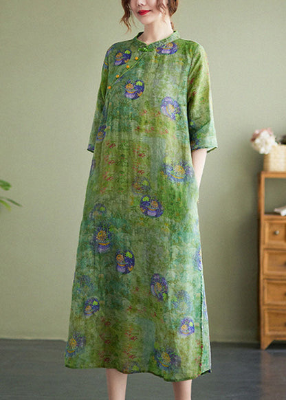 Vintage Green Stand Collar Print Side Open Cotton Linen Cheongsam Dress Half Sleeve