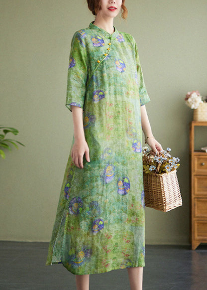 Vintage Green Stand Collar Print Side Open Cotton Linen Cheongsam Dress Half Sleeve