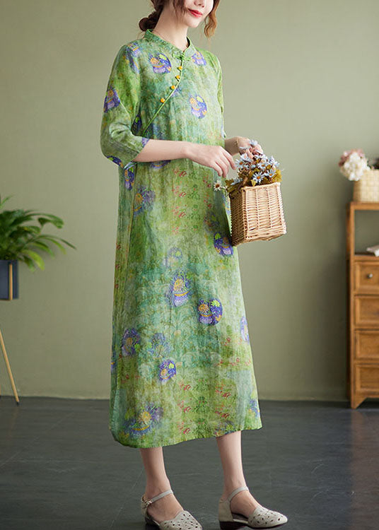 Vintage Green Stand Collar Print Side Open Cotton Linen Cheongsam Dress Half Sleeve