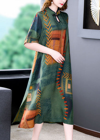 Vintage Green Stand Collar Print Side Open Patchwork Silk Dresses Summer