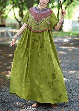 Load image into Gallery viewer, Vintage Green Stand Collar Ruffled Embroidered Silk Dresses Summer