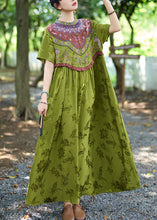 Load image into Gallery viewer, Vintage Green Stand Collar Ruffled Embroidered Silk Dresses Summer