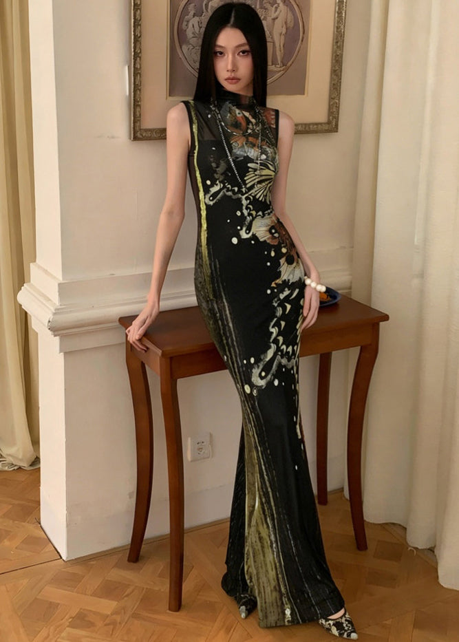Vintage Green Stand Collar Side Open Maxi Dresses Summer