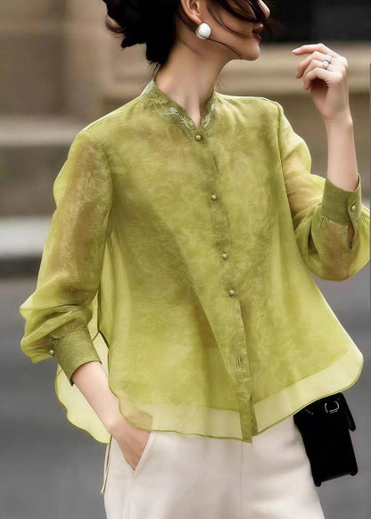 Vintage Green Stand Collar Side Open Silk Shirt Fall