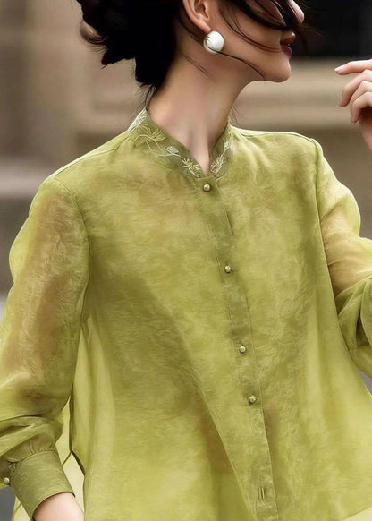 Vintage Green Stand Collar Side Open Silk Shirt Fall