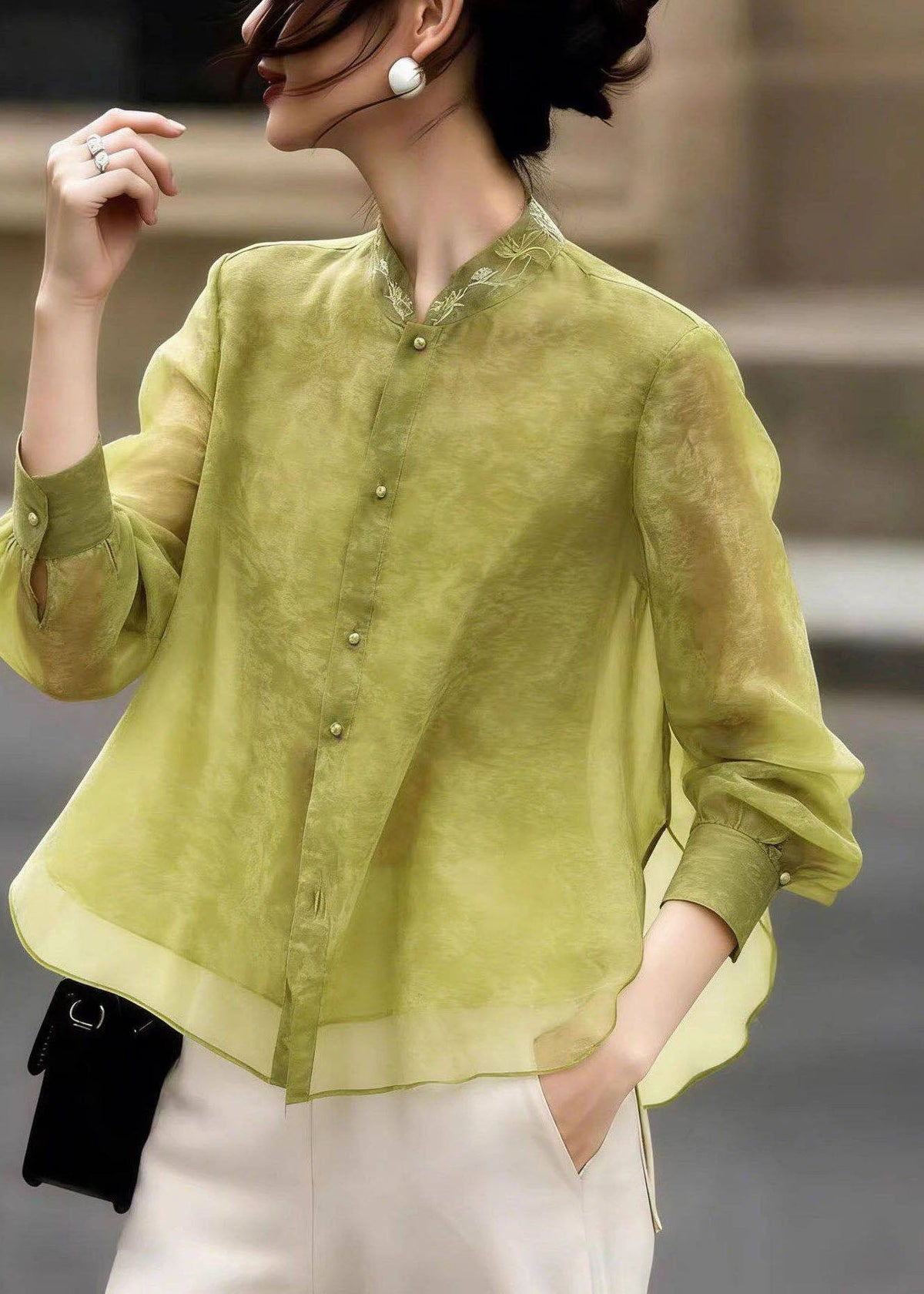 Vintage Green Stand Collar Side Open Silk Shirt Fall