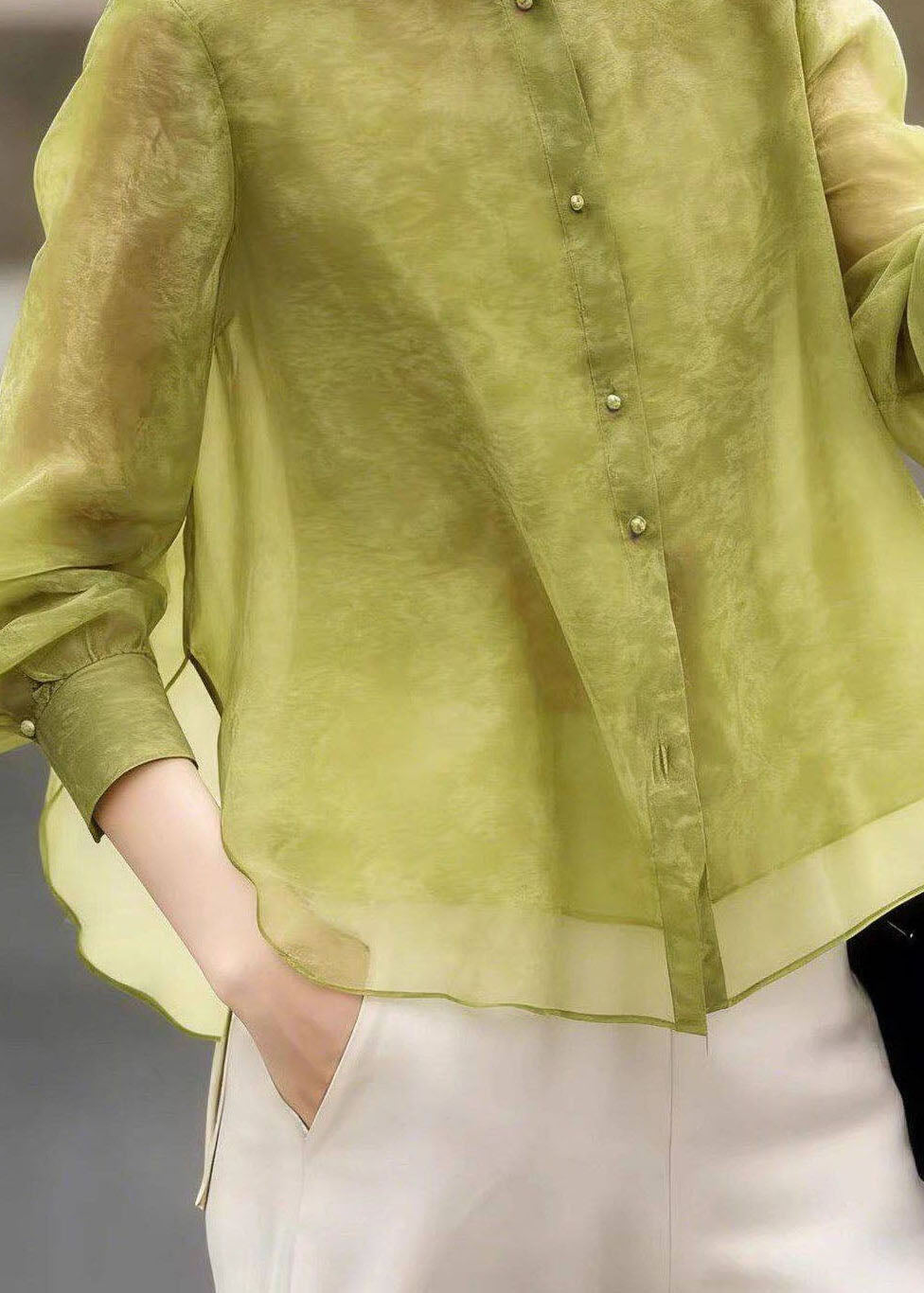 Vintage Green Stand Collar Side Open Silk Shirt Fall
