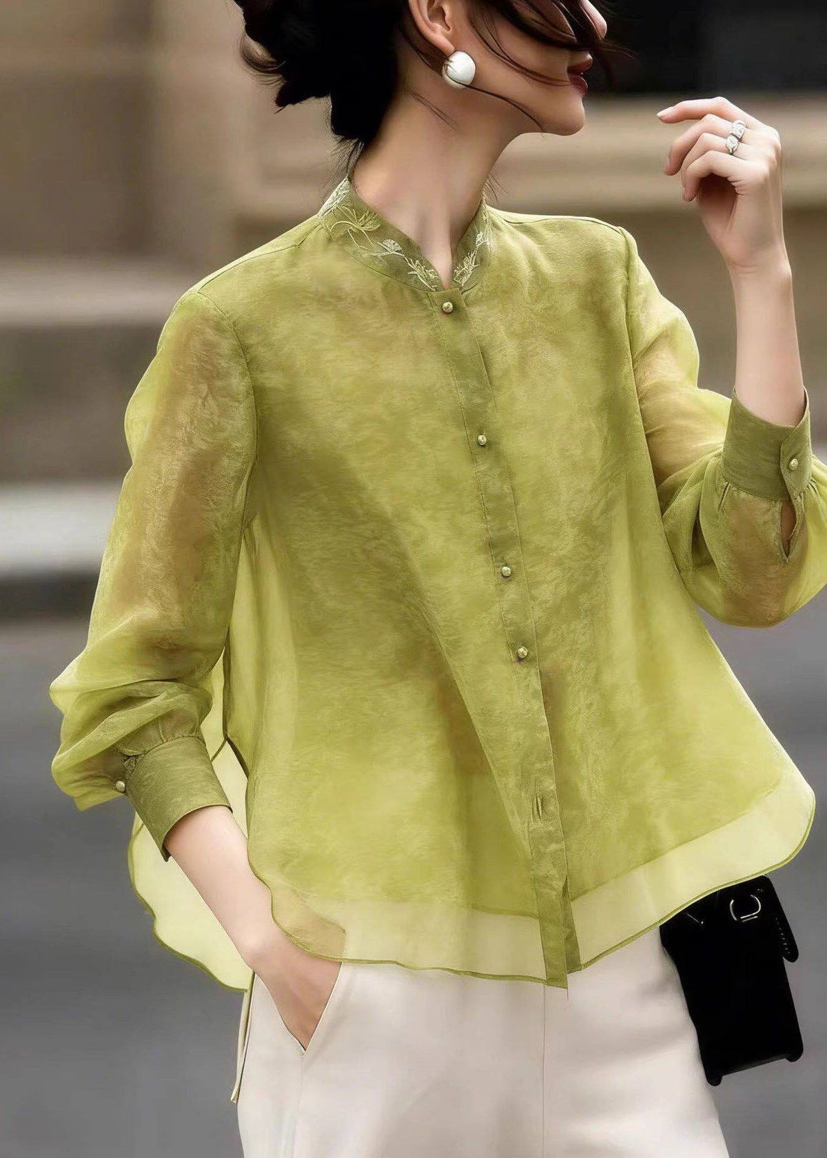 Vintage Green Stand Collar Side Open Silk Shirt Fall