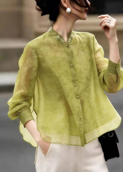 Vintage Green Stand Collar Side Open Silk Shirt Fall