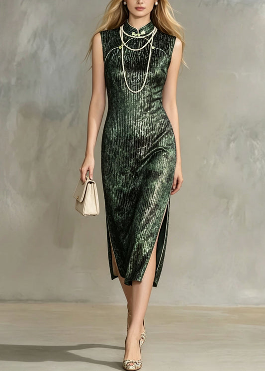 Vintage Green Stand Collar Side Open Silk Velvet Dress Summer
