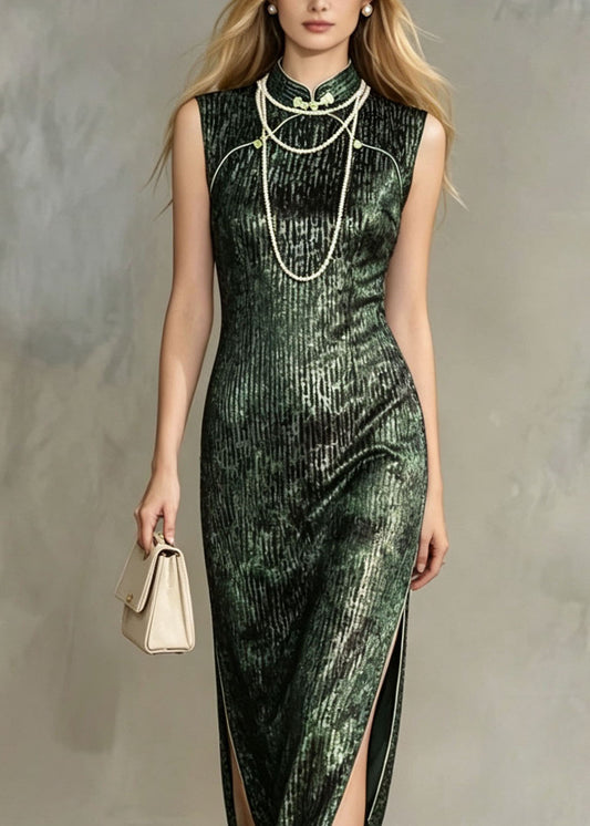 Vintage Green Stand Collar Side Open Silk Velvet Dress Summer
