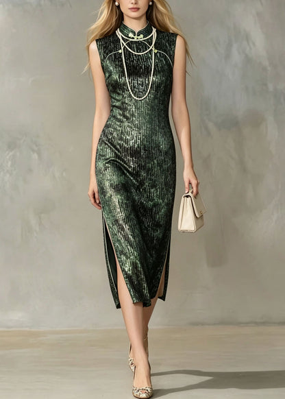 Vintage Green Stand Collar Side Open Silk Velvet Dress Summer