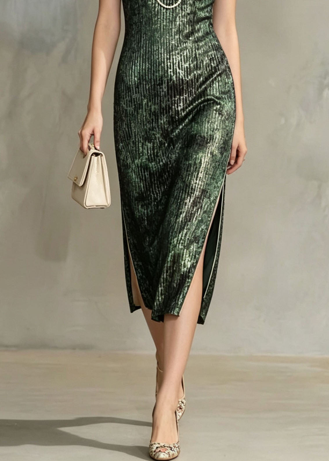 Vintage Green Stand Collar Side Open Silk Velvet Dress Summer