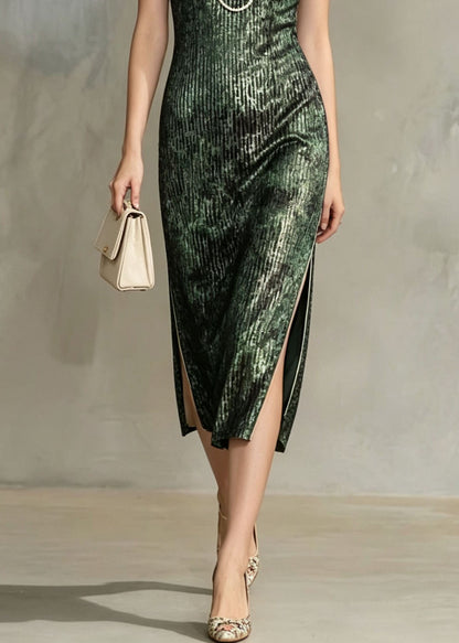 Vintage Green Stand Collar Side Open Silk Velvet Dress Summer
