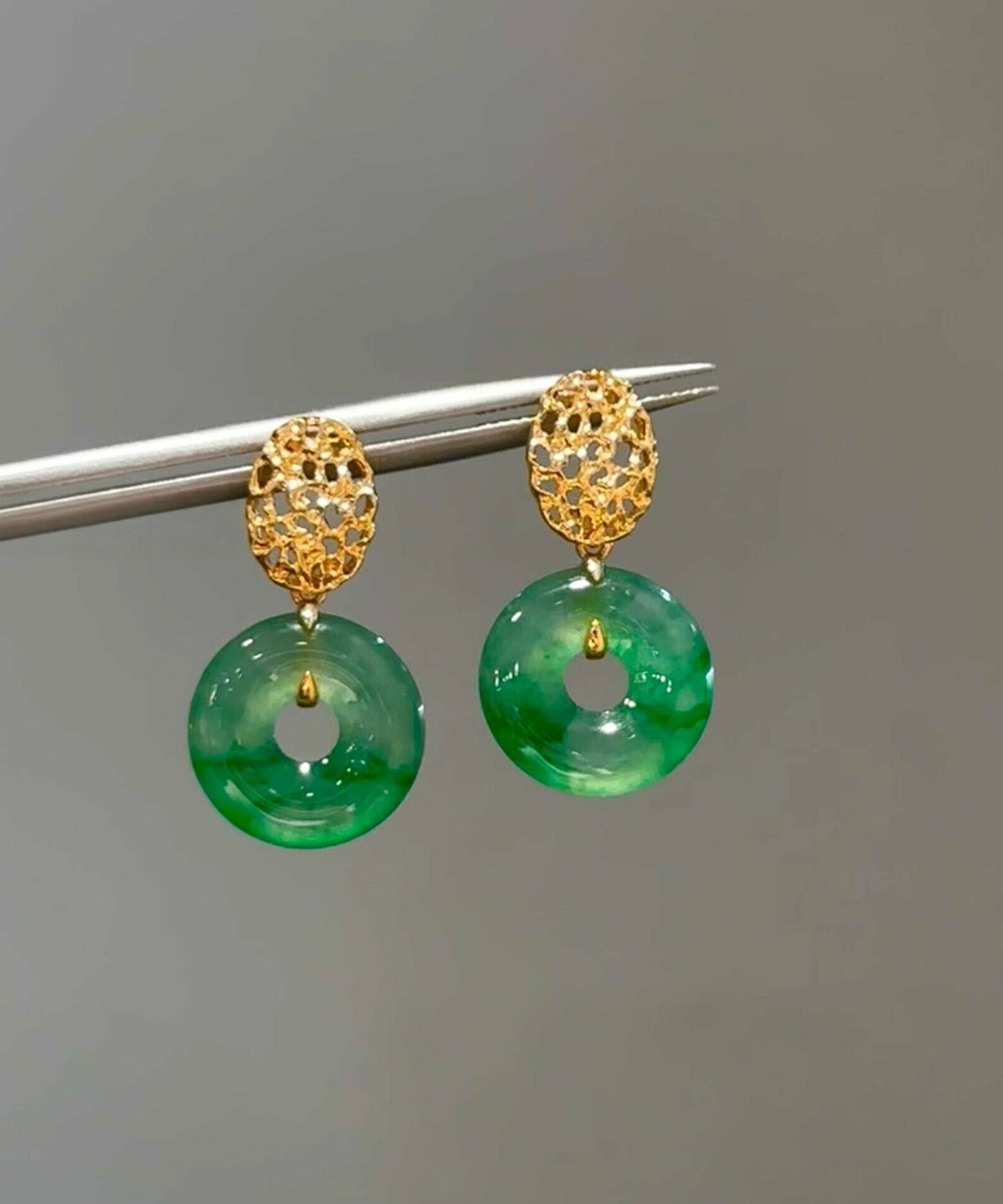 Vintage Green Sterling Silver Overgild Jade Safe Buckle Drop Earrings