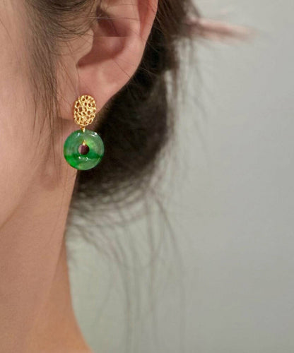 Vintage Green Sterling Silver Overgild Jade Safe Buckle Drop Earrings