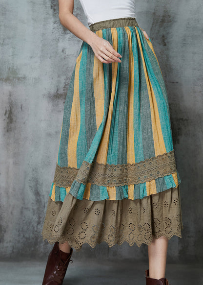 Vintage Green Striped Patchwork Linen Skirt Spring