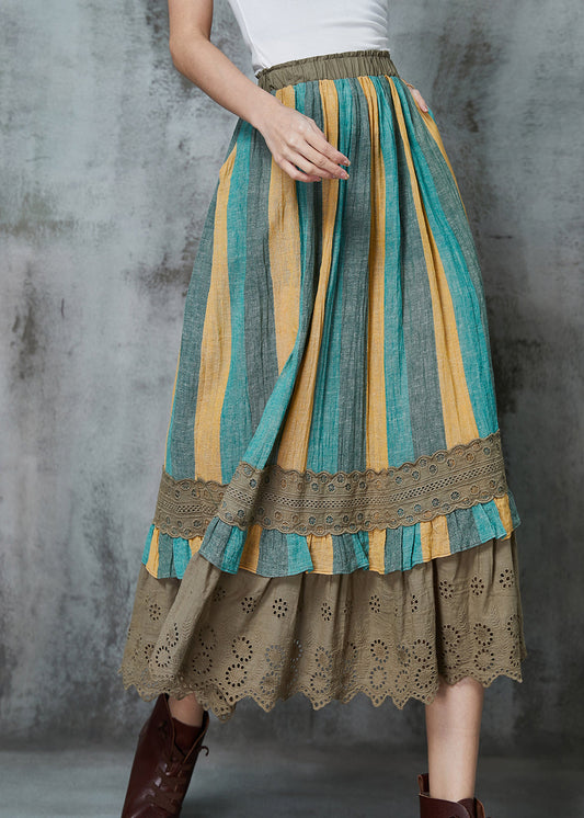 Vintage Green Striped Patchwork Linen Skirt Spring