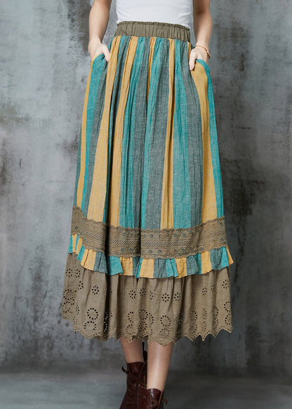 Vintage Green Striped Patchwork Linen Skirt Spring