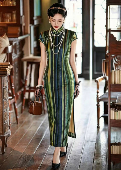Vintage Green Striped Stand Collar Chinese Buttons Dress Summer