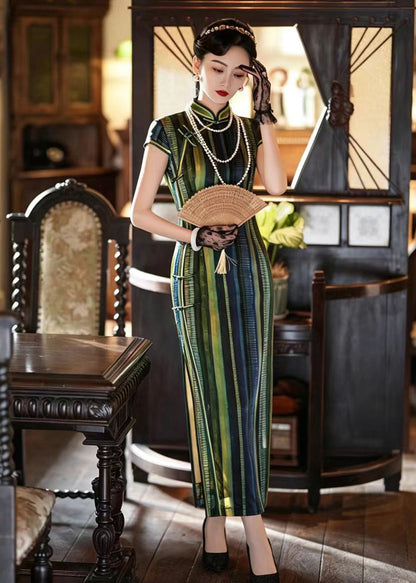 Vintage Green Striped Stand Collar Chinese Buttons Dress Summer