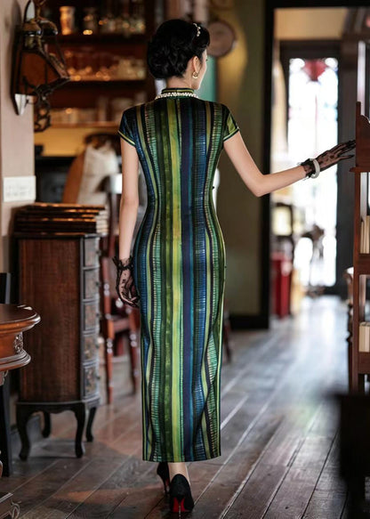 Vintage Green Striped Stand Collar Chinese Buttons Dress Summer