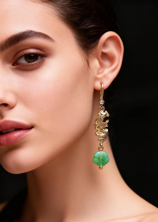 Vintage Green Sunflower Jade Gilding Drop Earrings