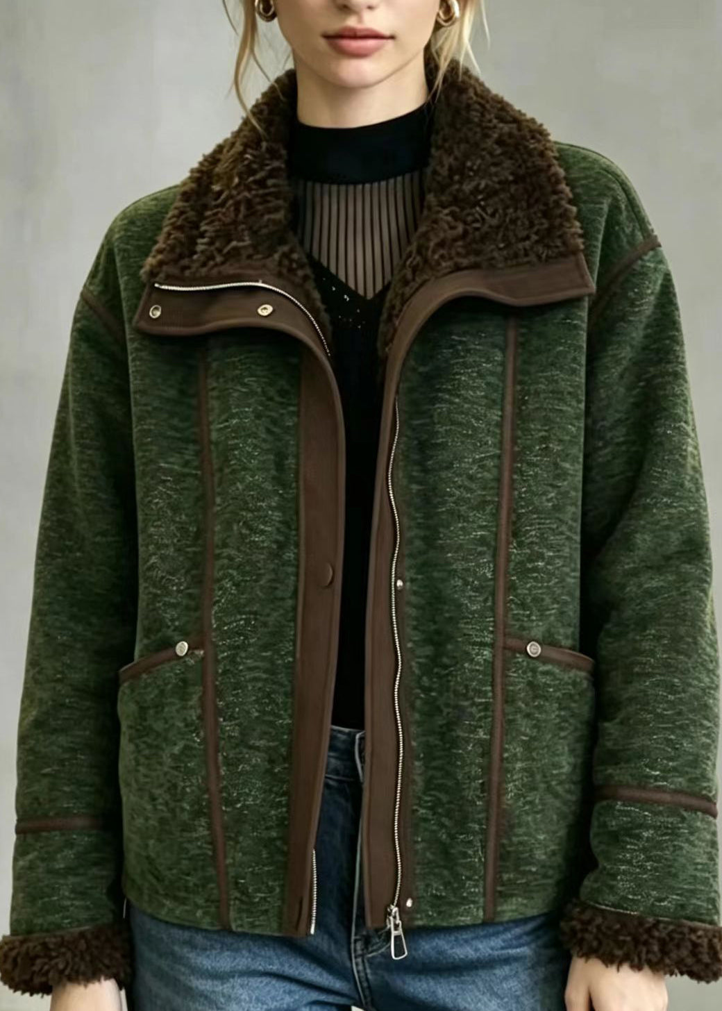 Vintage Green Teddy Faux Fur Lined Fleece Jacket Winter