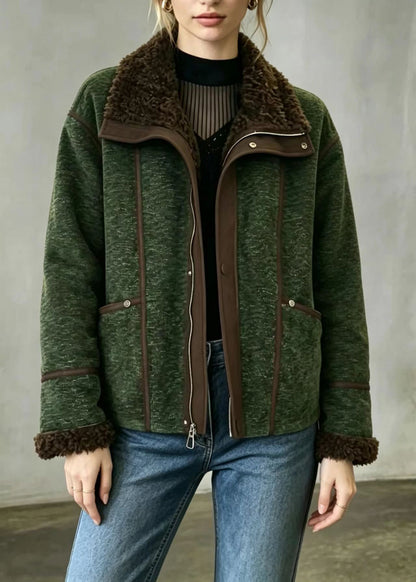 Vintage Green Teddy Faux Fur Lined Fleece Jacket Winter