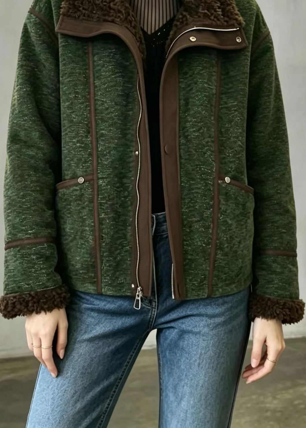 Vintage Green Teddy Faux Fur Lined Fleece Jacket Winter